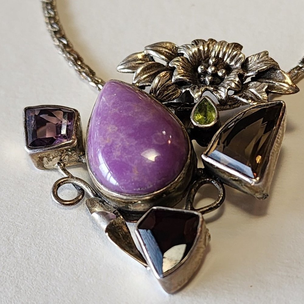Vintage Sterling 925 Pendant Semi-precious Stones Floral Silver Work With 24... - Picture 6 of 16